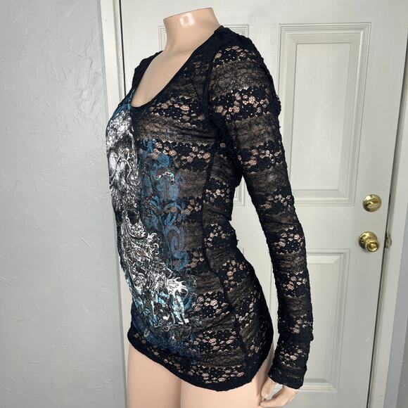 Vintage Y2K Angel & Diamonds Women's Shirt Large Floral Sheer Lace Wing Paint A9 - Picture 4 of 7